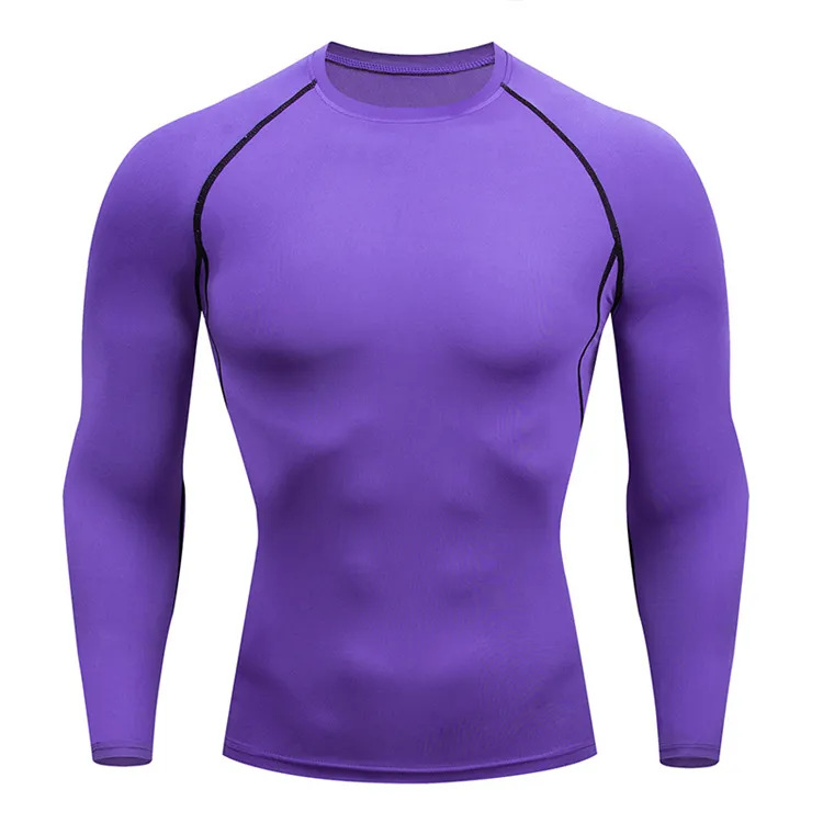 Maglietta aderente traspirante da uomo, a maniche lunghe, con scollo tondo, a compressione, ad asciugatura rapida, per lo sport e il fitness_voghion.com