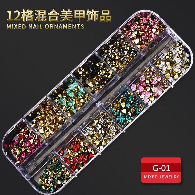 Juego completo transfronterizo de 12 compartimientos de remaches de metal, diamantes de imitación, Xingyue, piezas de concha de diamantes, accesorios para uñas, adornos para uñas