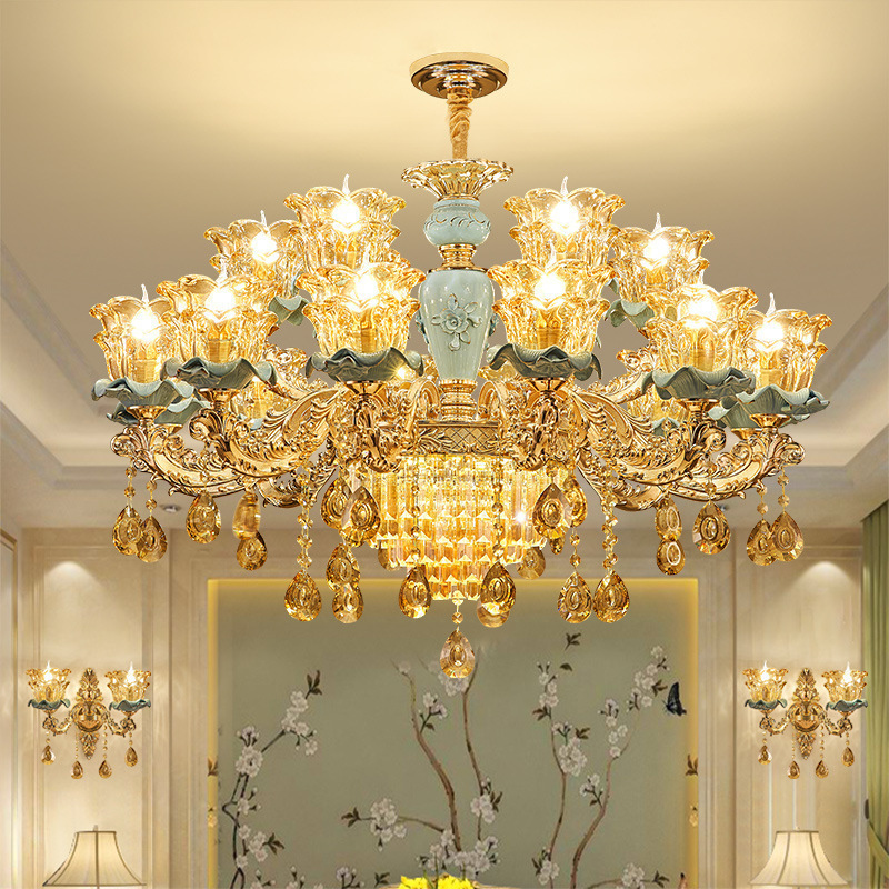 European-Style Villa Palace-Style Living Room Lamp Hotel Restaurant Lamp Bedroom Lamp Light Luxury Luxury Atmospheric Ceramic Crystal Chandelier