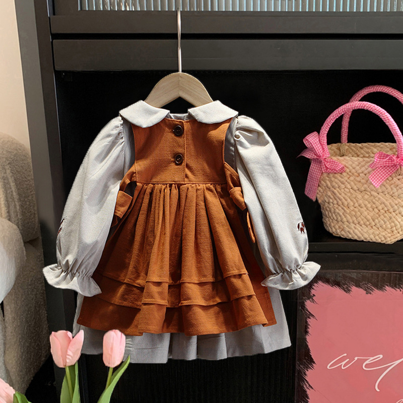 Abito da ragazza con colletto per bambola in edizione coreana, stagione primaverile e autunnale, nuova principessa della foresta a maniche lunghe alla moda per bambini_voghion.com