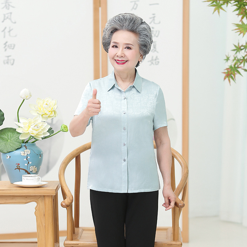 Mom's Summer Silk Shirt Short-Sleeved 50 and 60 Years Old Middle-Aged and Elderly Women's Pure Color Lapel Cardigan Top Loose Women
