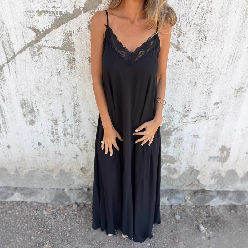 2025 Cross-Border European and American Amazon Independent Station Women's Solid Color Elegant Suspender Lace Splicing Sexy Summer Long Skirt