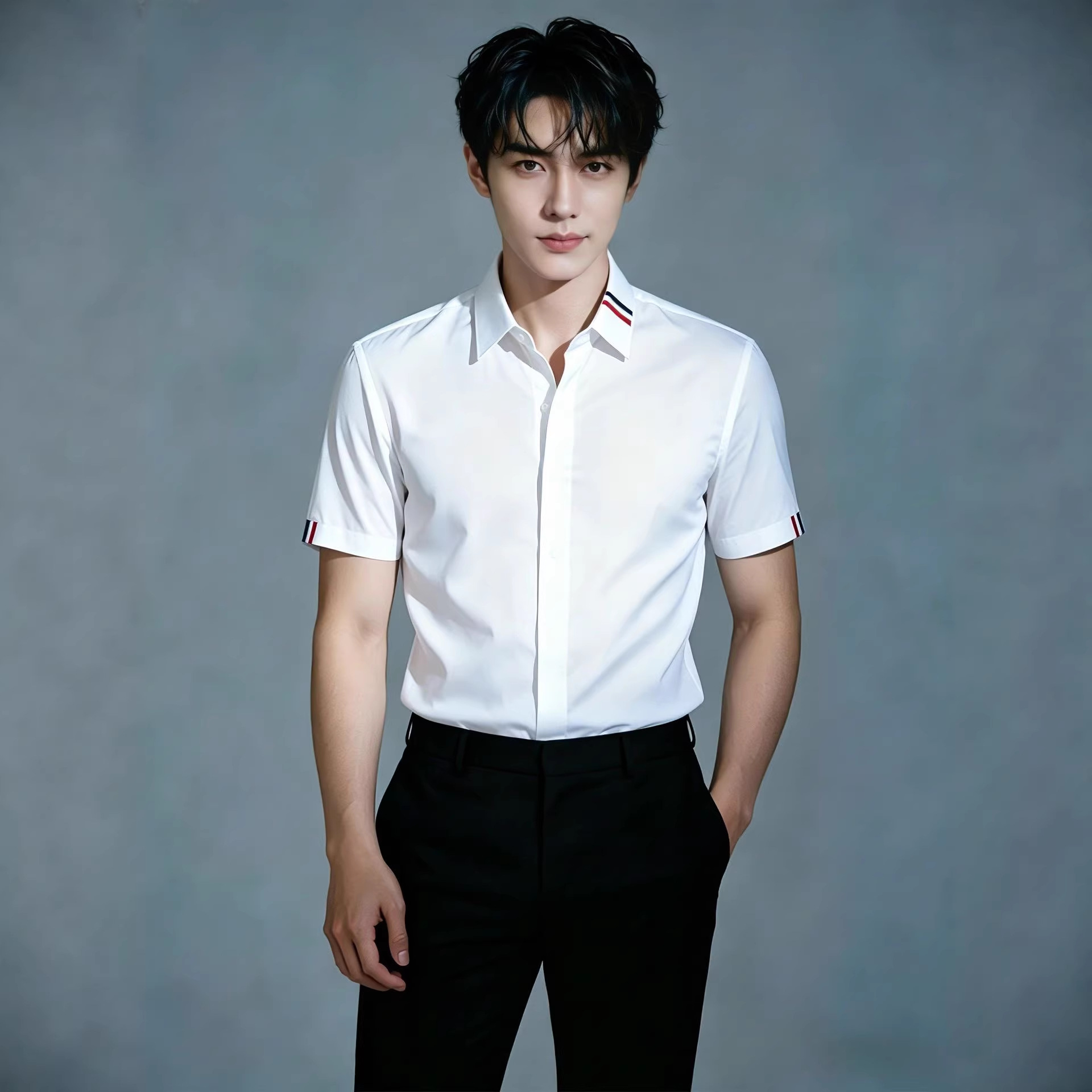 Summer Men's Creative Shirts Fashion Trendy Versatile Tencel Cotton No-Iron Collar Cuff Webbing Short-Sleeve Men's Shirts