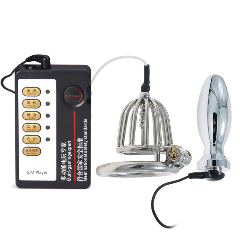 Fun electric shock chastity lock CB chastity device male Cynomorium penis cage pulse anal plug set adult fun SM