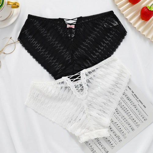 Women's lace underwear medium low waist cross strap large size briefs sexy lace transparent underwear women's foreign trade