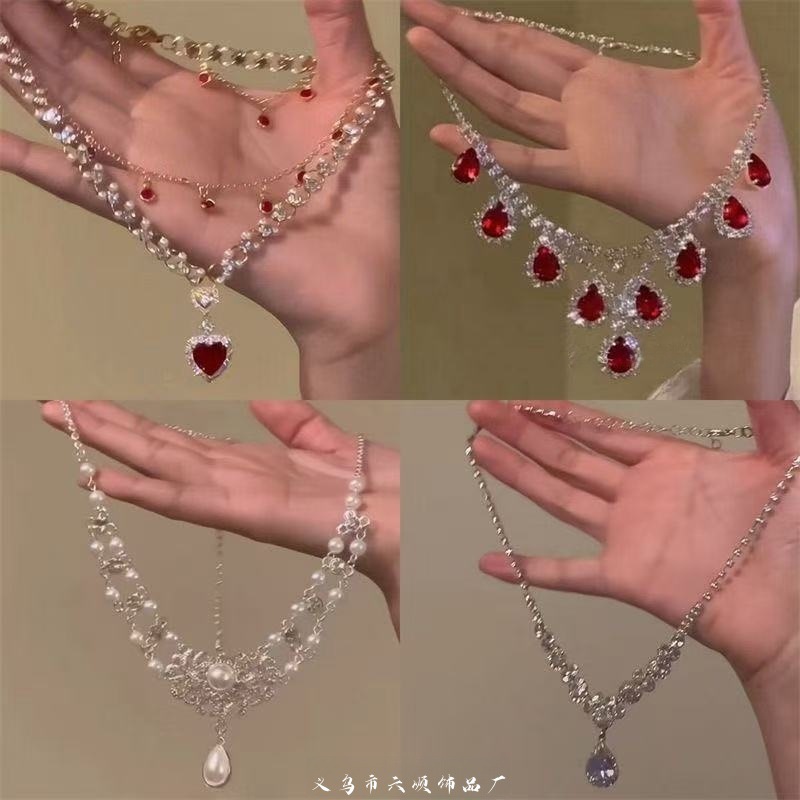 「シャイニングハート」レッドラブパール二層ネックレスプリンセスライト高級ハイエンド新年鎖骨チェーン|undefined
