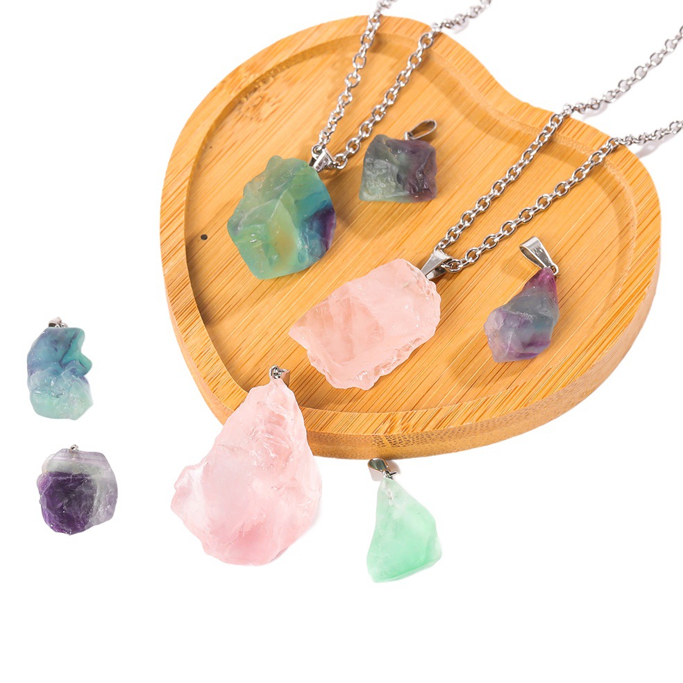 Natural Asymmetrical Crystal Raw Stone Gravel Pendant European and American DIY Jewelry Rose Quartz Necklace Crystal Pendant Wholesale