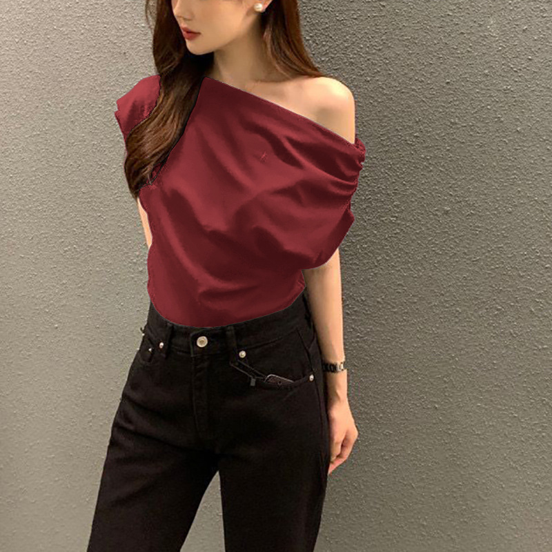 Summer New Niche Irregular Slanted Shoulder Design Loose Solid Color Pullover Short-sleeved T-shirt_ecoleips.com