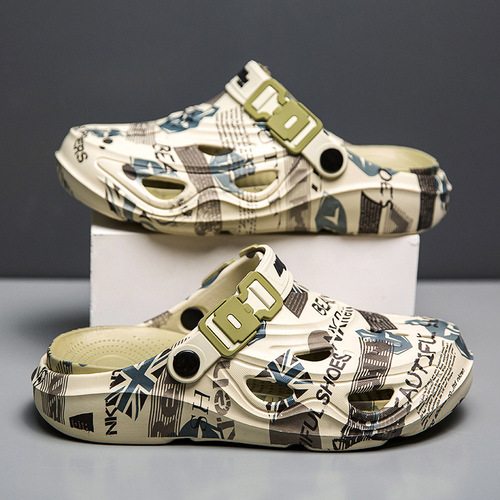 Hole shoes for men in summer, wearing poop feeling, soft sole, non-slip, baotou half slippers, outdoor sports, large size beach sandals