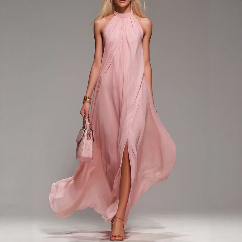 European and American Style Halter Neck Backless Pink Long Dress for Women, Elegant and Flowy with High Slit, Vacation Dress European and American Style Halter Neck Backless Pink Long Dress for Women, Elegant and Flowy with High Slit, Vacation Dress