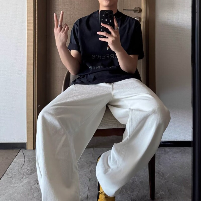 [Exclusively for Cross-Border Export] Men's Straight-Leg Jeans, Versatile White Basic Casual Pants, Retro Wide-Leg American Style