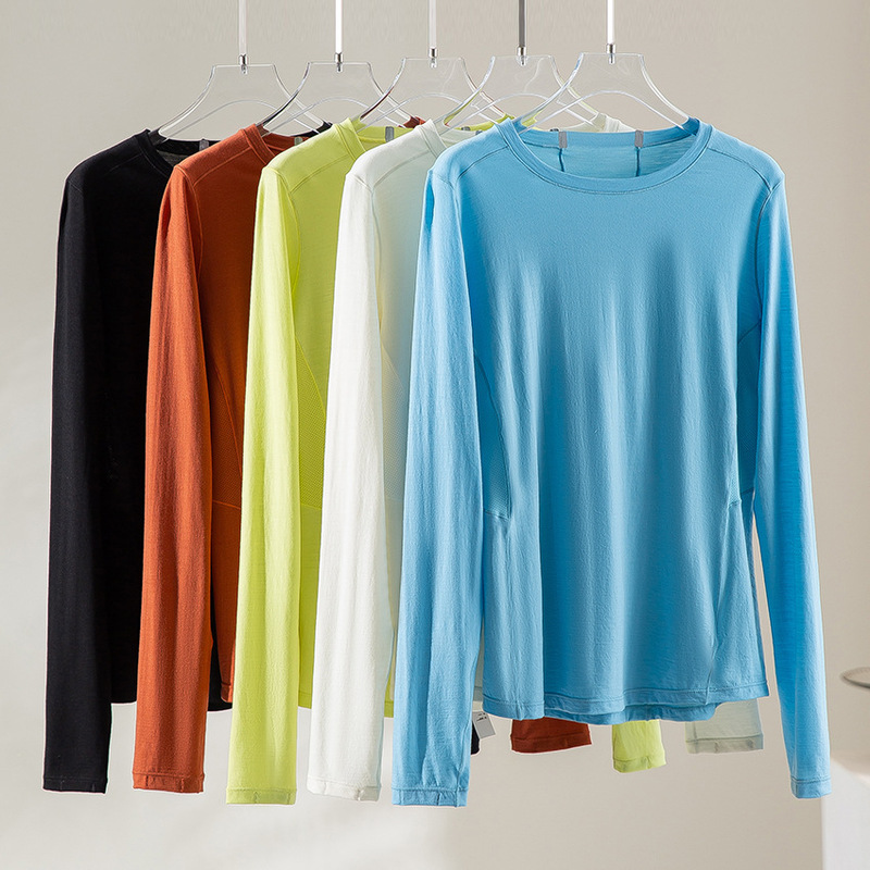 Lightweight, Machine-Washable Merino Wool Long-Sleeved T-Shirt for Women, Pullover Round Neck Top, Slimming, New Style for Sports and Outdoor Activities