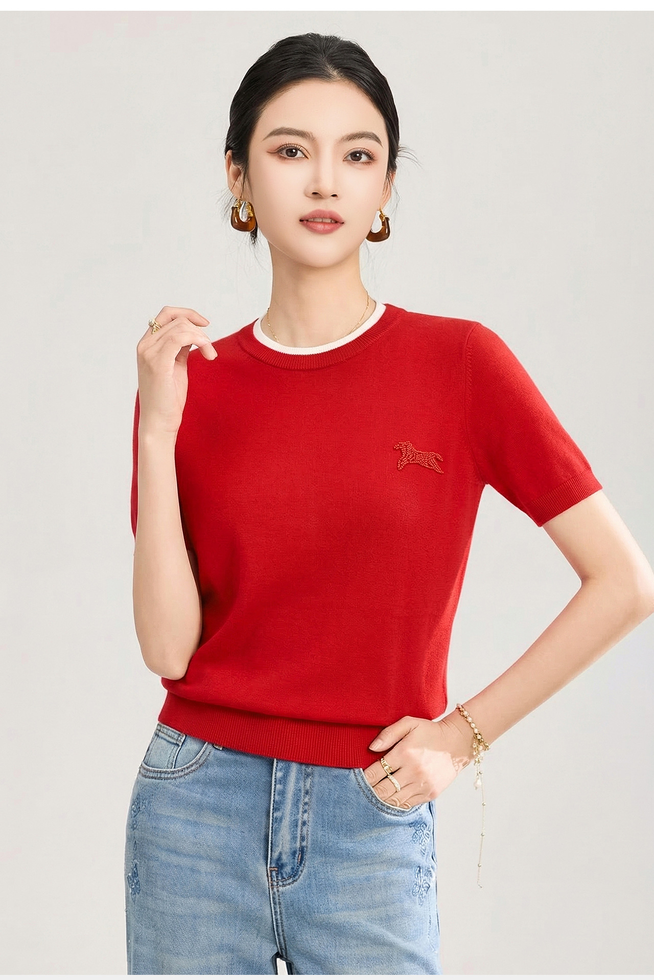 Áo thun dệt kim len merino giả hai lớp cổ tròn — màu xanh navy chi tiết 5
