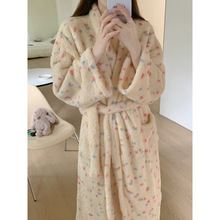 跨境专供外贸女士新韩系冬季睡衣毛绒彩点印花基础款睡袍家居服女