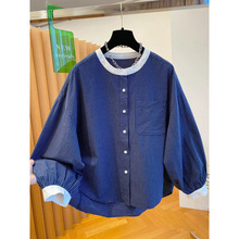 韩系减龄圆领小格子衬衫女2025长袖新款早秋装宽松气质灯笼袖上衣