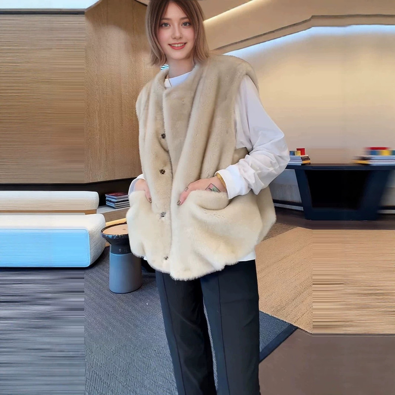 High-end faux mink fur vest, thickened for autumn and winter, new stylish and elegant round-neck design, plush outerwear