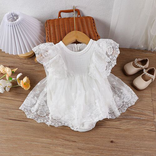 Baby Girl Summer Clothes Baby Lace Short Sleeve Fly Sleeve Bodysuit Princess Net Dress
