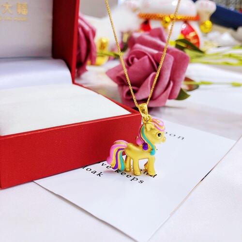 Gold-plated brass cartoon cute rainbow pony pendant necklace accessory with enamel colorful small horse design