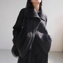 欧货重工绞花加厚高领大翻领粗毛线针织女100%羊毛开衫毛衣外套女