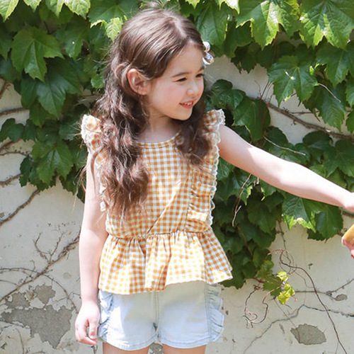 Girls' Gingham Ruffled Vest 2024 Summer Sleeveless Doll Shirt 3-10 Years Children's Pure Cotton Trimmed Shirt 