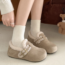 女王范加绒加厚保暖平底棉鞋女2025新款冬季复古一脚蹬勃肯鞋子