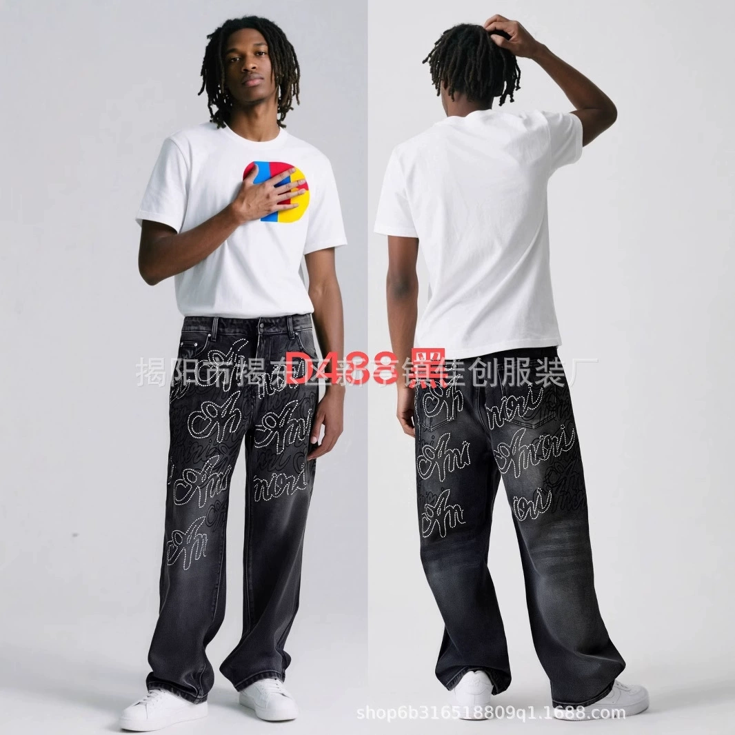Американский модный бренд, популярные потертые винтажные джинсы с персонализированным принтом, выцветшие прямые брюки, модные свободные длинные брюки в японском стиле