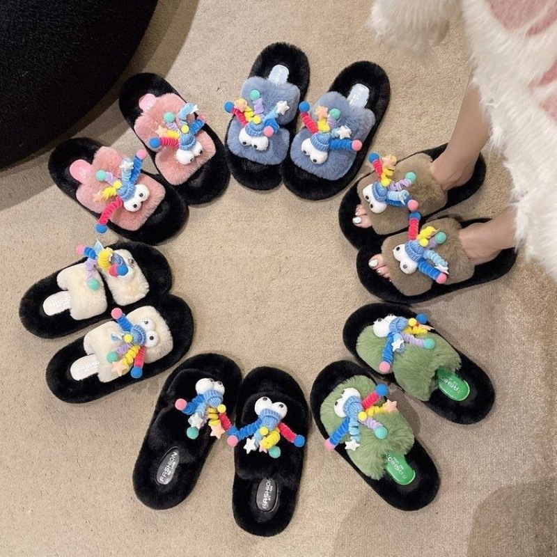 Furry Slippers for Women's Outer Wear 2025 New Korean Style Ins Trendy Shoes Autumn and Winter One-Line Thick-Soled Cotton Slippers Spring and Summer