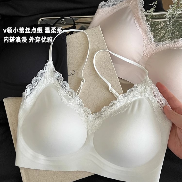 U's 快適なレースのスパゲッティストラップ下着女性の薄いフレンチレースプッシュアップたるみ防止シームレスバックブラジャー|undefined