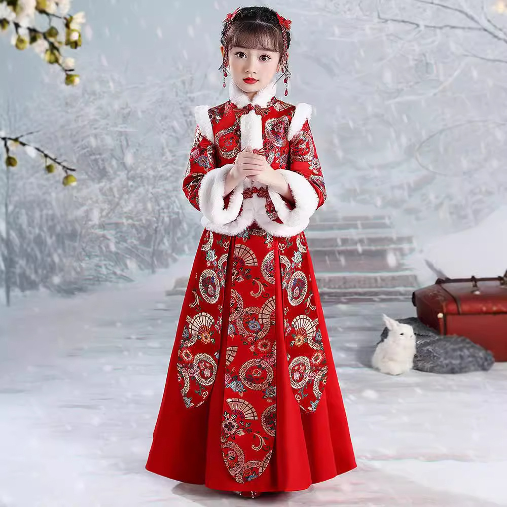 汉服女童2025冬季中国风唐装红色拜年服过年新年冬装儿童古装加厚