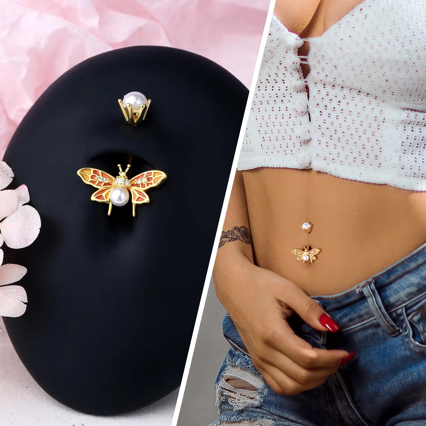 Piercing per ombelico in acciaio inossidabile multicolore in stile europeo e americano con farfalla e zircone_voghion.com