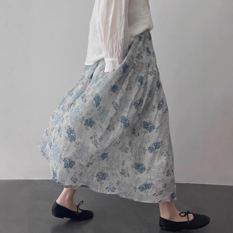 French Style Vintage Mori Style Blue Ramie Skirt Women's Summer Small Cotton and Linen Skirt Fairy Floral Skirt Long Skirt French Style Vintage Mori Style Blue Ramie Skirt Women's Summer Small Cotton and Linen Skirt Fairy Floral Skirt Long Skirt