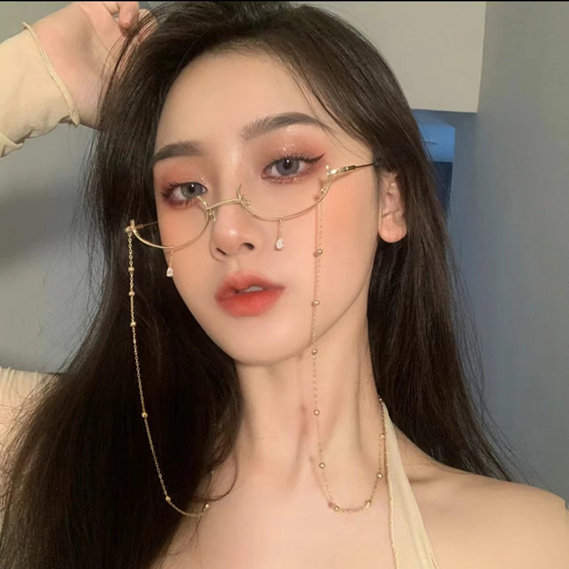 Lensless Half-rimmed Spectacle Frame Cyber-famous Retro Frames-free Chain Spectacle Frame Personalized Decorative Accessories Curved Spectacle Frame