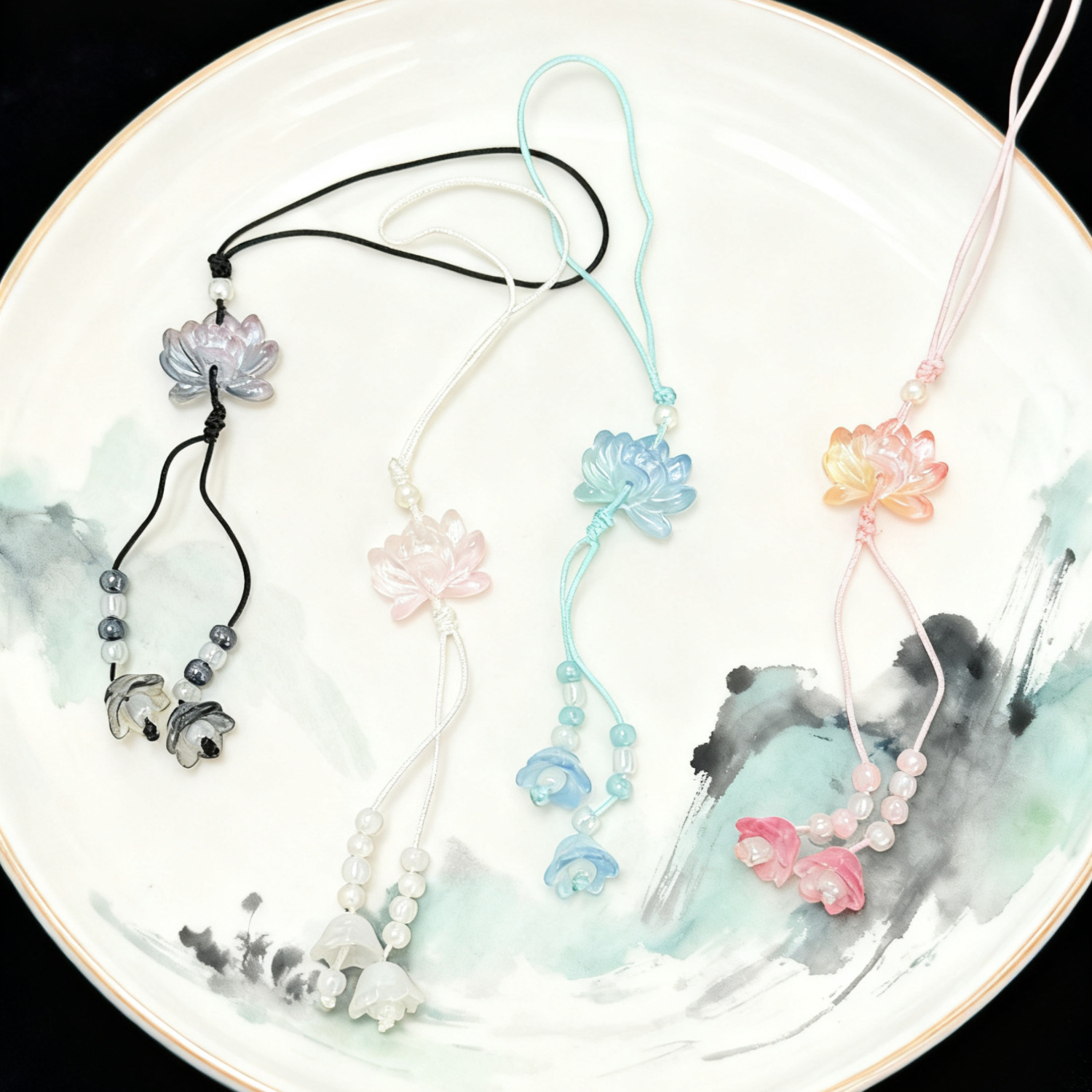 Clear Lotus Lily of the Valley Chinese Style Lotus Beaded Mobile Phone Chain Keychain Bag Pendant Women's Exquisite Jewelry Gift