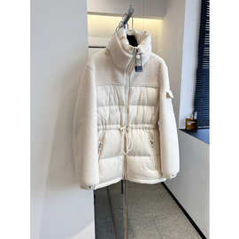 皮毛一体拼接式羊羔毛抽绳收腰白鸭绒立领羽绒服外套