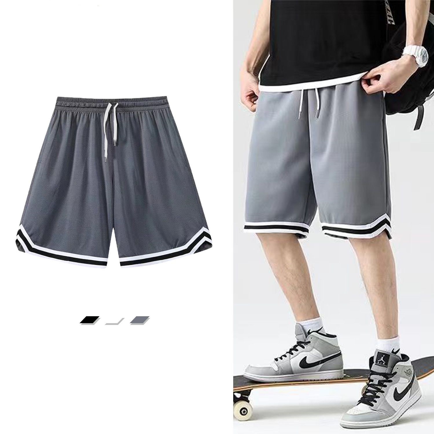 Pantalones cortos de malla de hielo ultra delgados para hombres, pantalones de baloncesto transpirables de acondicionamiento físico sueltos, pantalones casuales