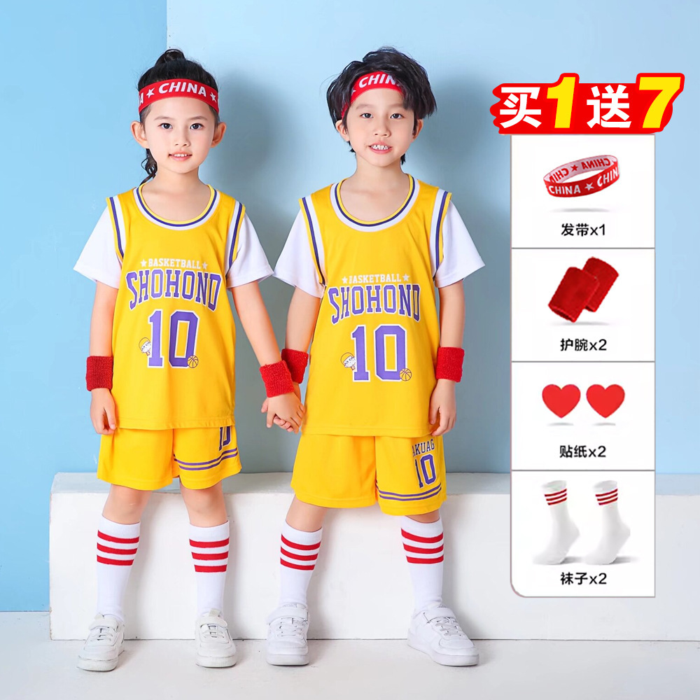 Trajes de baloncesto infantil falsificados al por mayor de dos piezas trajes deportivos fitness de manga corta logotipo de primavera y verano transpirable secado rápido