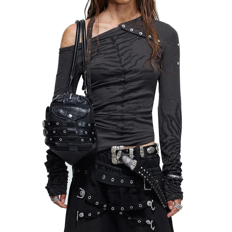 Dark-style asymmetrical one-shoulder long-sleeve top with buttons, pleats, slim fit, off-shoulder, Y2K subculture, reversible