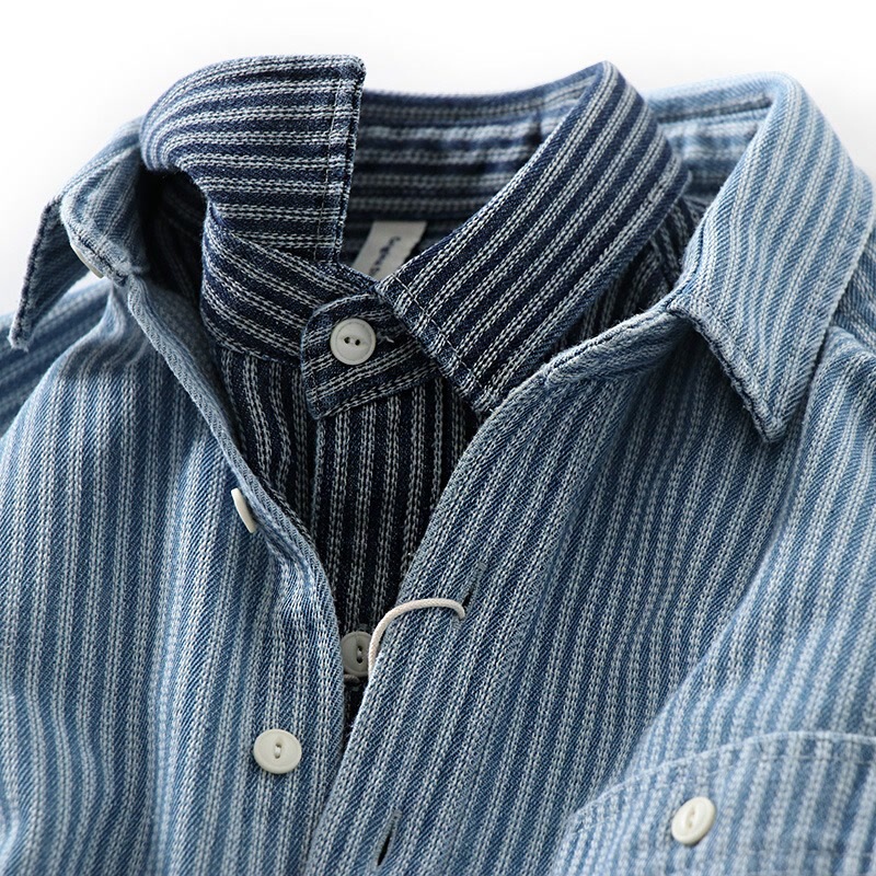American Style Handsome Striped Shirt Men's Japanese Style Retro Heavy-weight Loose Casual Long-sleeved Workwear Shirt Kaji Coat American Style Handsome Striped Shirt Men's Japanese Style Retro Heavy-weight Loose Casual Long-sleeved Workwear Shirt Kaji Coat