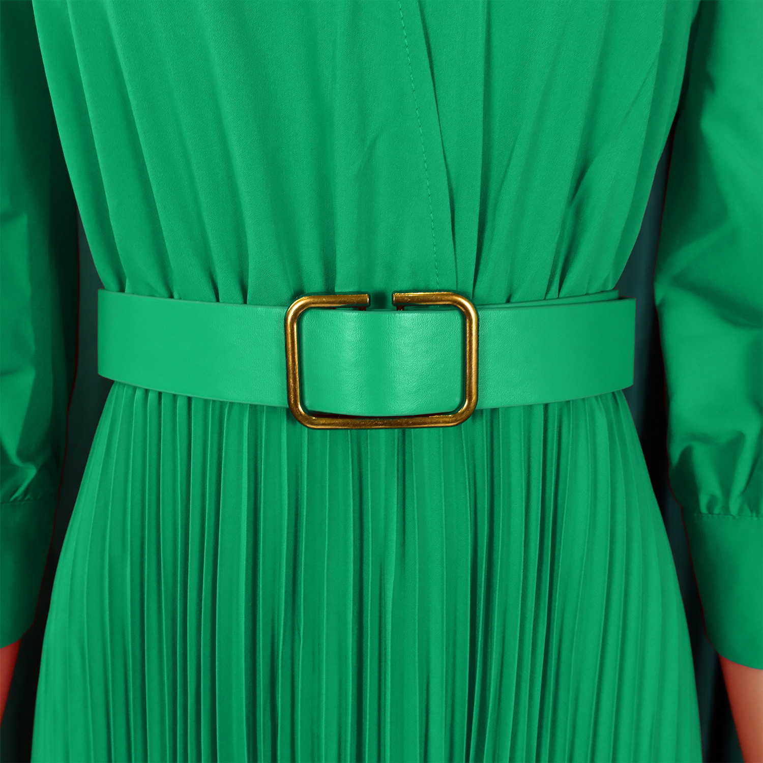 GraceChic D3327 Damenkleid Frühjahr 2025, neue Mode, V-Ausschnitt, einfarbig, langärmelig, weiter Saum, plissiert, Exportkleid_voghion.com