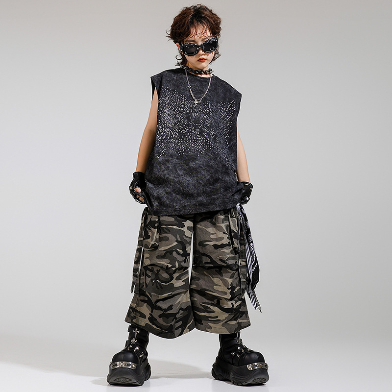 Disfraz de niño de baile callejero para niños, traje de chaleco sin mangas de diamantes calientes para niños guapos