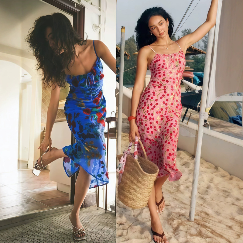 Beach Vacation Dress, Sexy Women's Vintage Floral Cherry Print Spaghetti Strap Slimming Dress