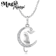 简约月亮猫咪女生时尚百搭S925纯银电镀白金镶锆项链跨境货源饰品