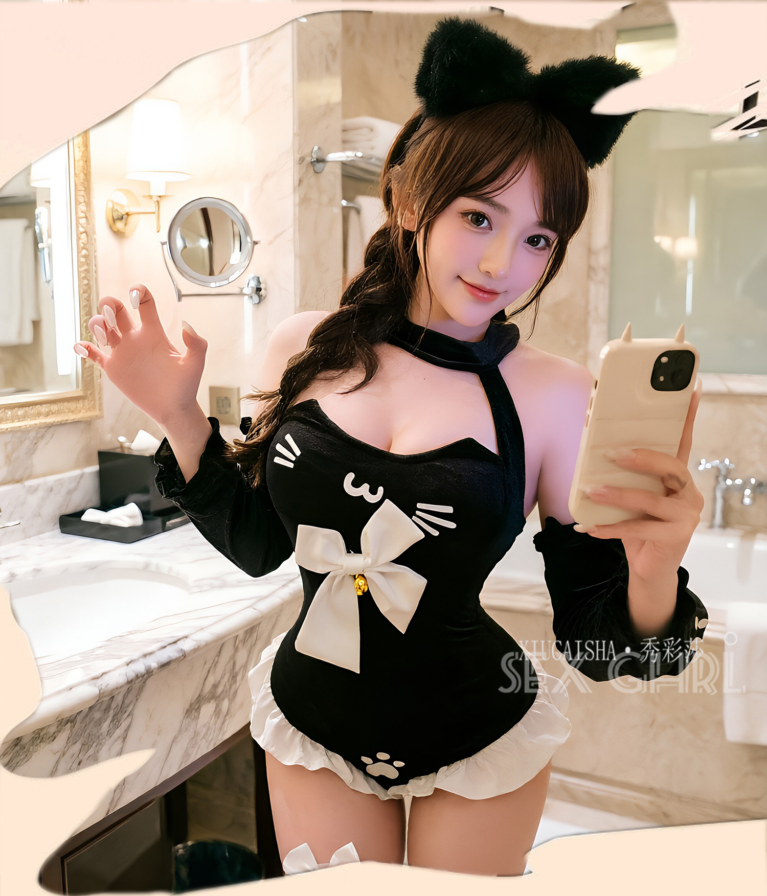 Maid Roleplay Bodysuit Lingerie Set with Headpiece, Black Polyester, One Size — detail image 3