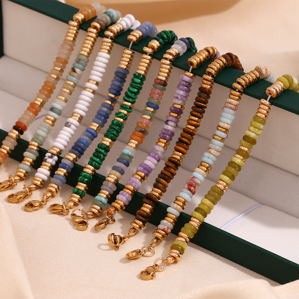 Retro Geometric Stainless Steel Natural Stone Beaded Plating 18K Gold Plated Women's Bracelets Necklace display picture 4