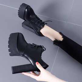 春季新款新品时尚深口鞋防水台女鞋粗跟高跟鞋圆头系带单鞋女