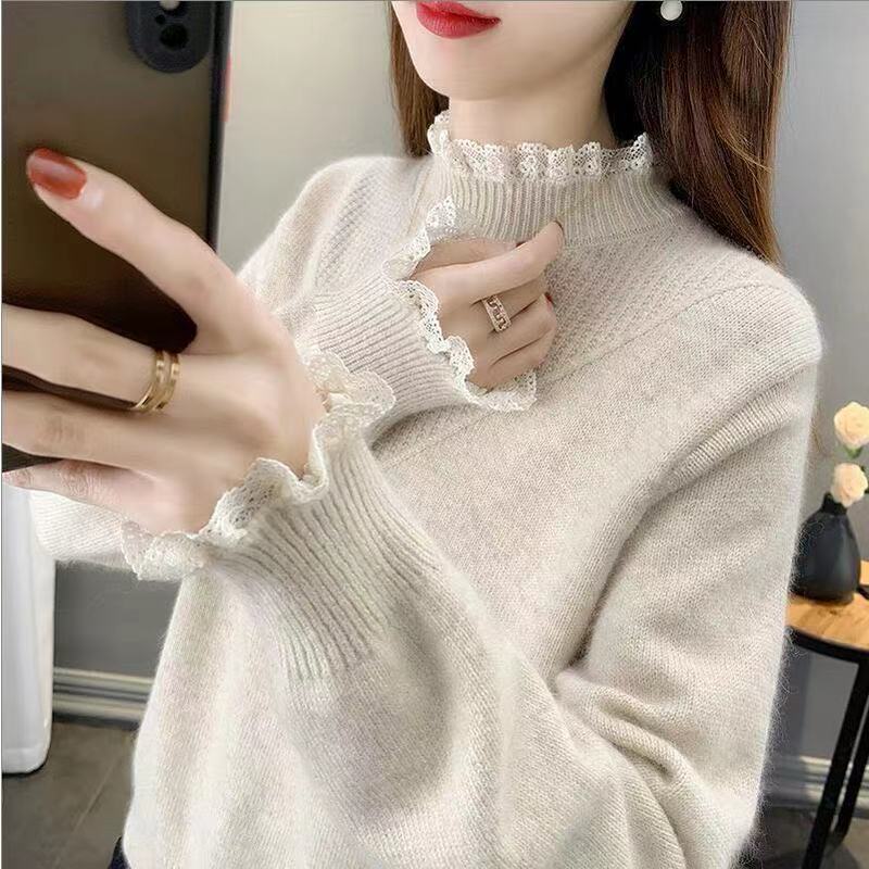 Autumn and Winter 2024 New Half Turtleneck Sweater Women's Loose Outer Wear Lace Stitching Knitted Base Shirt Top Trendy