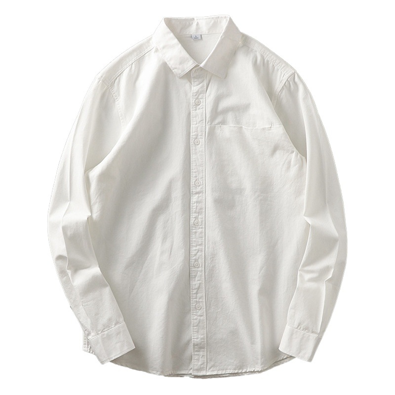 Camisa de algodón blanco pesado americano para hombres, primavera y otoño, casual, suelta, camisa de solapa de manga larga, chaqueta superior