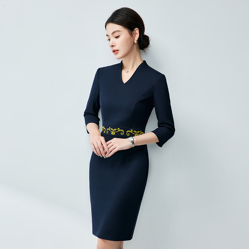 Business attire female temperament dress goddess fan bag hip jewelry store beauty hotel front desk etiquette reception work clothes