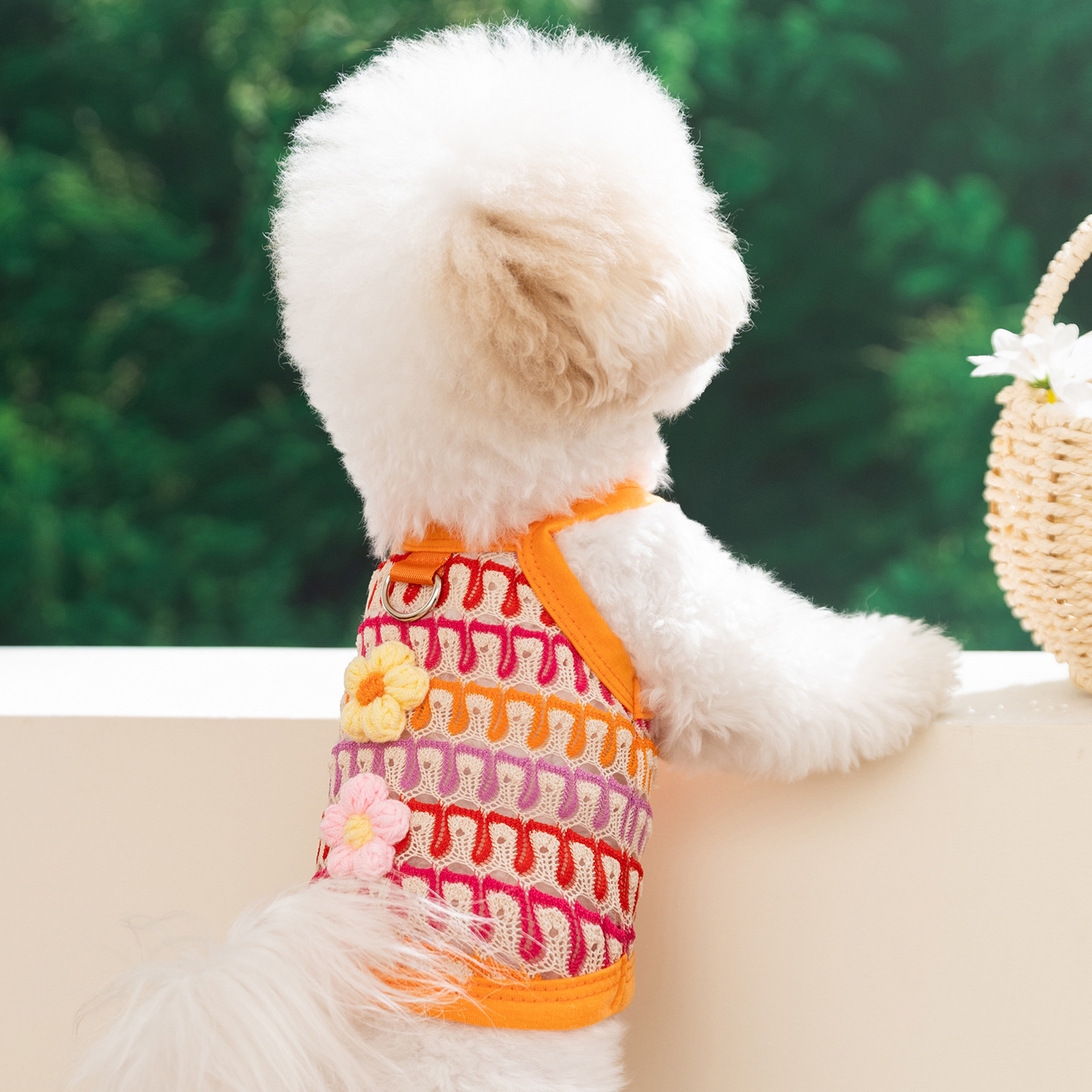 Primavera y verano nuevo color agujero tejido delgado flower hanger Teddy panda gato ropa de perro transfronteriza