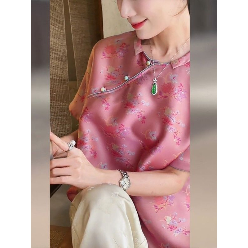 新しい中国風の婦人服 2025 夏服ユニークでシックな唐装中国風ピンク半袖シャツハイエンド宋錦トップ|undefined